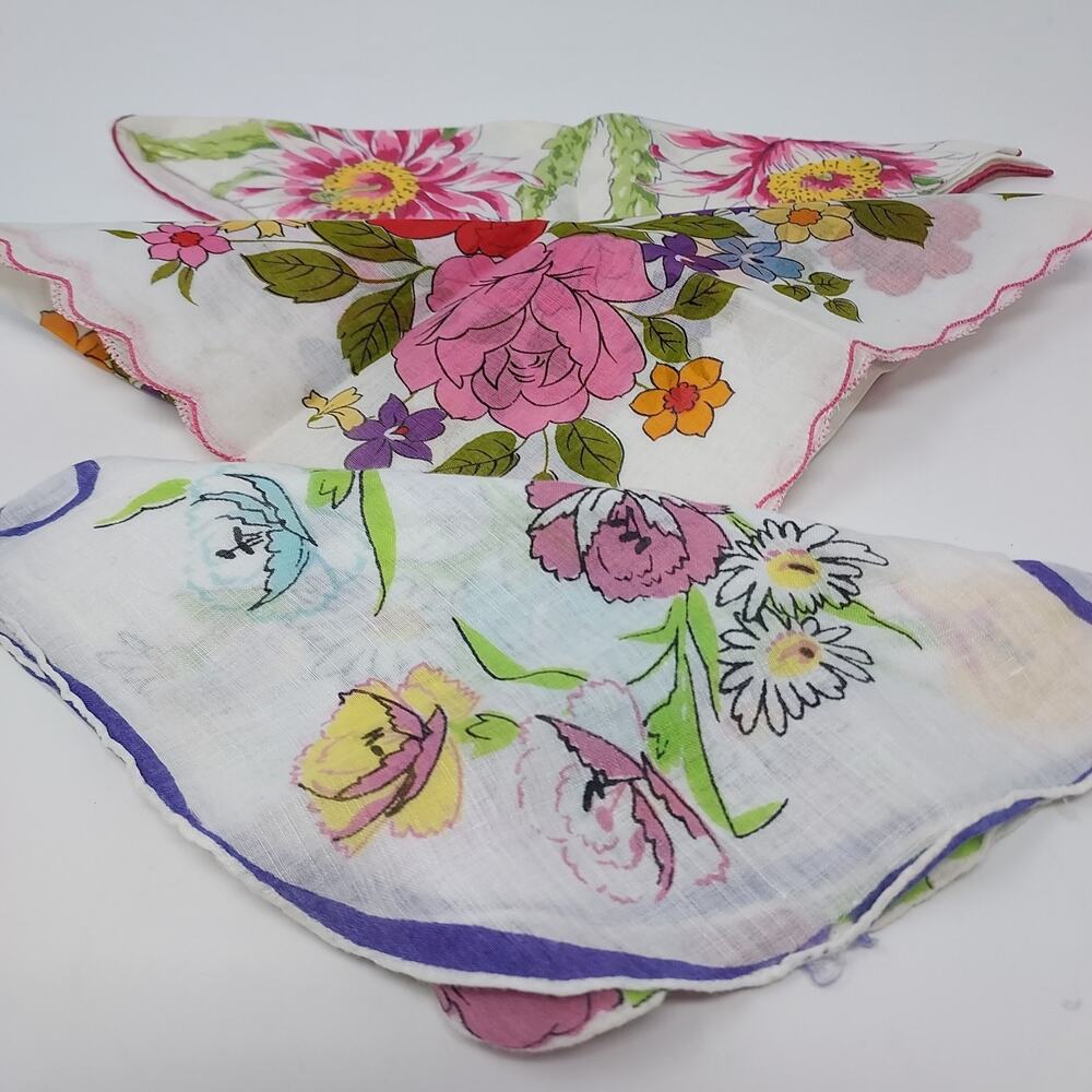 Vintage Floral Handkerchiefs Hankies 1930s to 1950s 12" to 15" Square